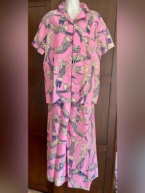 NWT XL Pink Cat Print Cotton Pajama Set + Matching Storage Bag